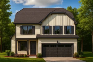 Front view of Modern Farmhouse with board and batten siding, dark window trim, and gable roof design