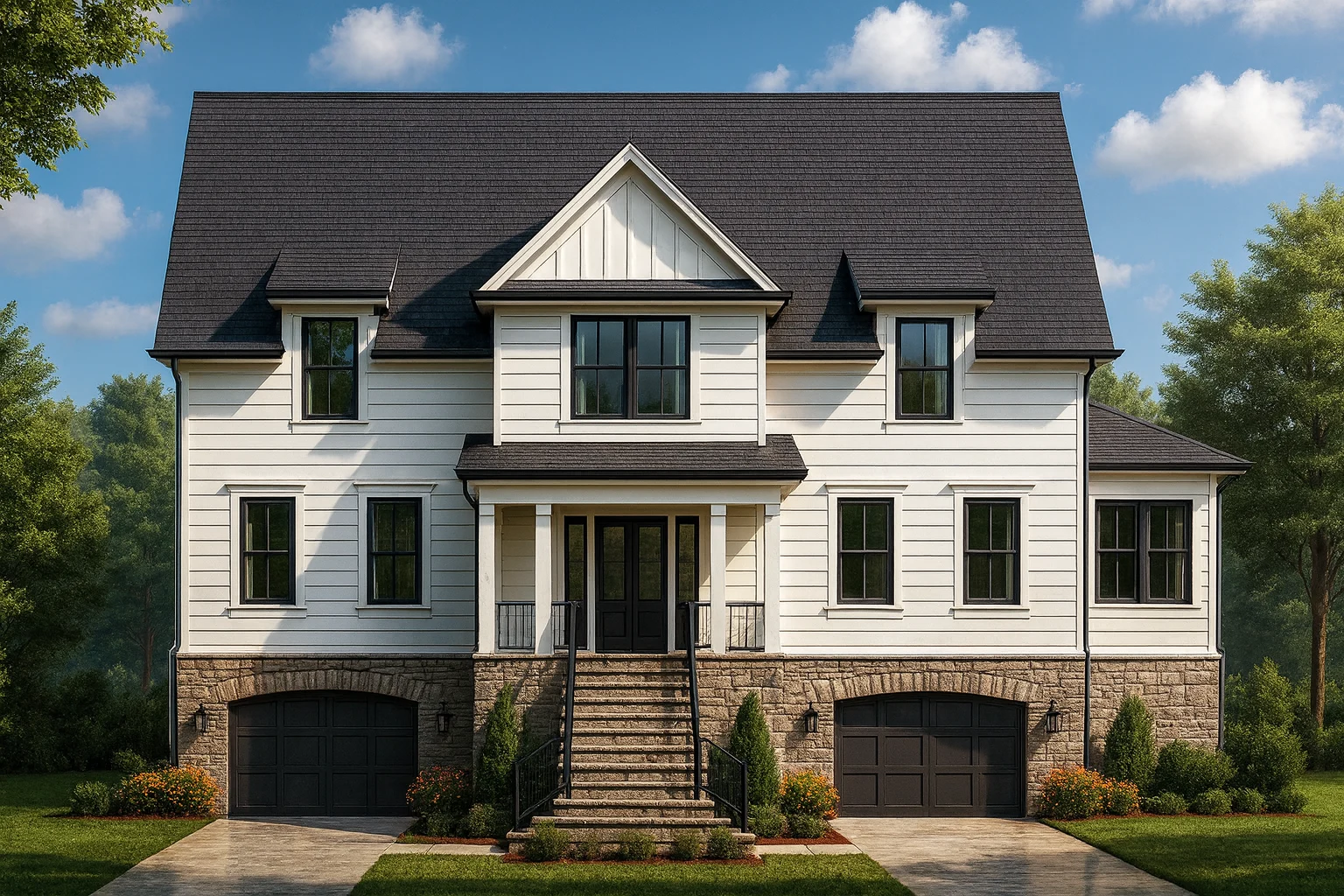 Front elevation of a Modern Farmhouse with board and batten siding, stone foundation, black windows, and dual garage design