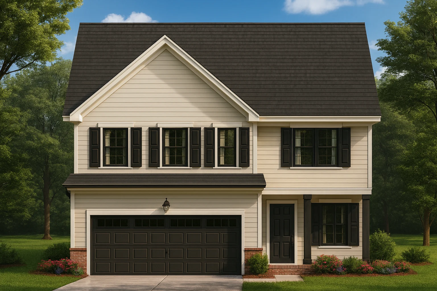 Front view of a Traditional Colonial style home featuring horizontal lap siding, black shutters, and a gable roof with attached two-car garage.