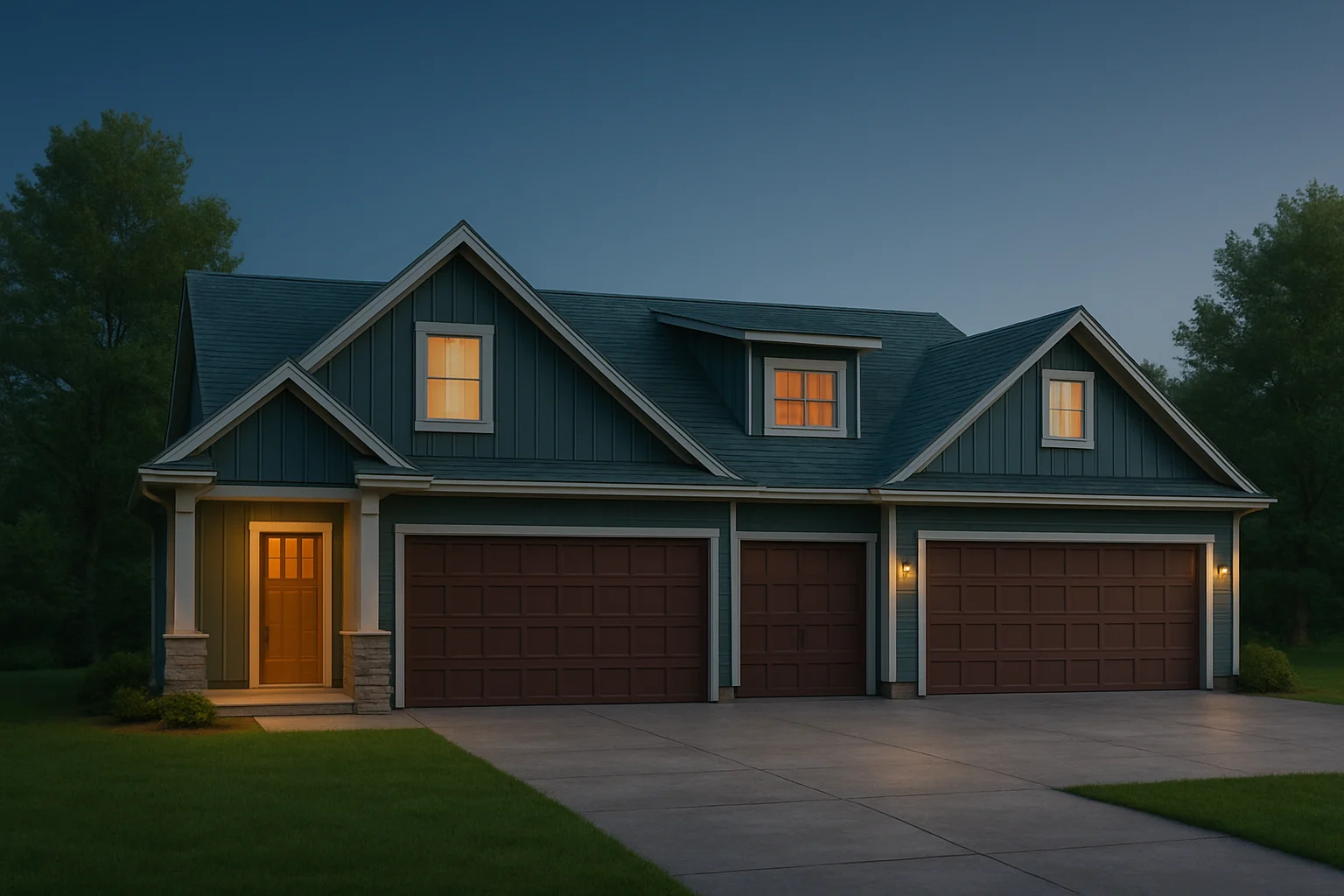 Front view of a Modern Farmhouse with Craftsman details featuring board and batten siding, stone accents, and a three-car garage under a steep gable roofline