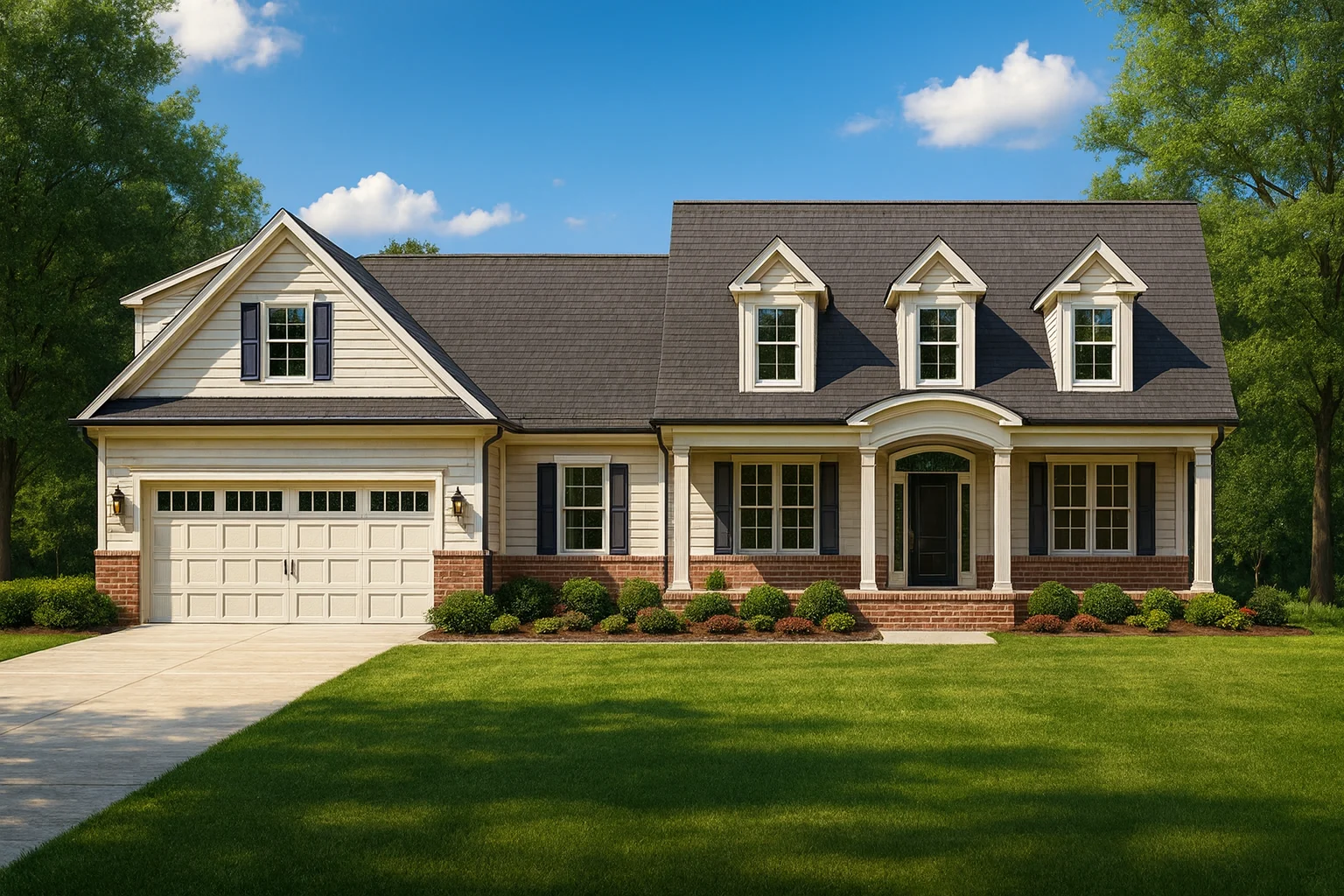 Front elevation of a Traditional Colonial and New American style home featuring a balanced façade with brick base, horizontal siding, dormer windows, and a welcoming covered porch entry