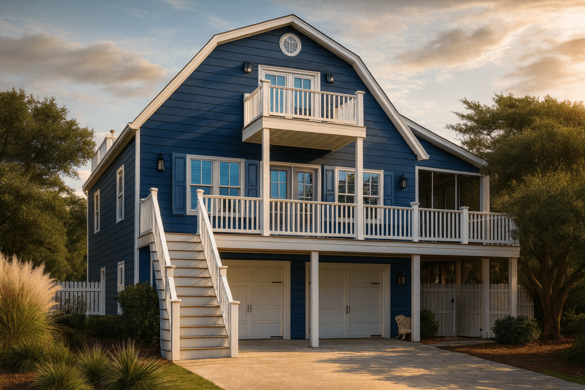 Front view of Coastal Dutch Colonial style beach house with blue horizontal siding, white railings, and gambrel roof design