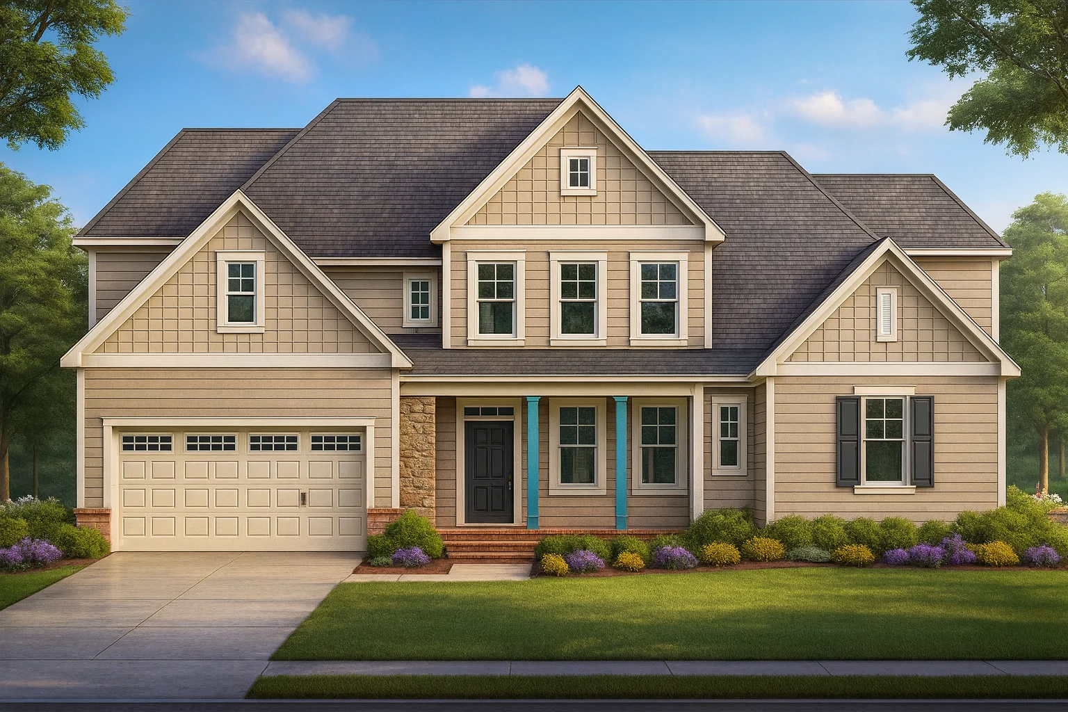 Front elevation of a Traditional Colonial style home featuring horizontal and shingle siding with stone accents and a welcoming covered porch