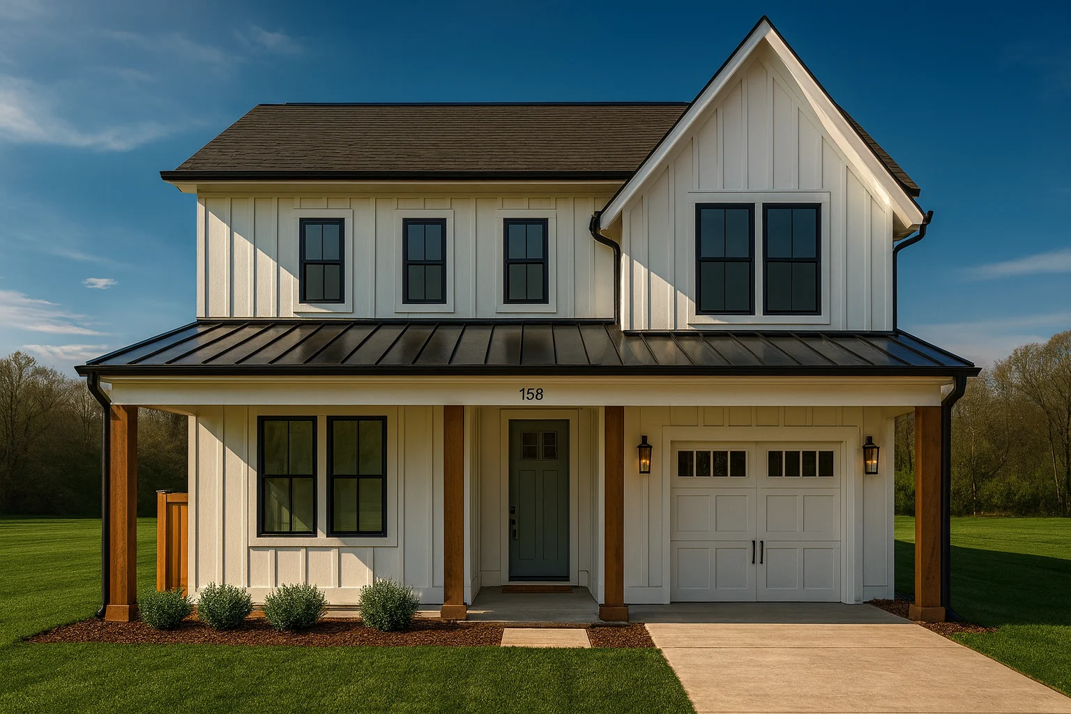 Front view of a modern farmhouse featuring board and batten siding, metal roof, wood porch columns, and a single-car garage