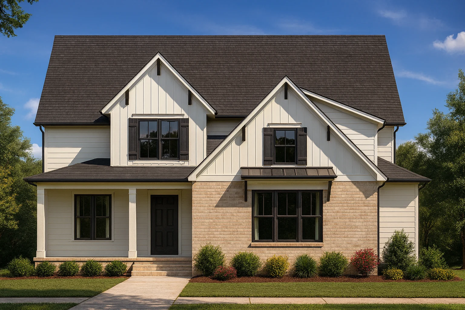 Front elevation of a Modern Farmhouse featuring board-and-batten siding, brick accent façade, and black window trim with gabled rooflines