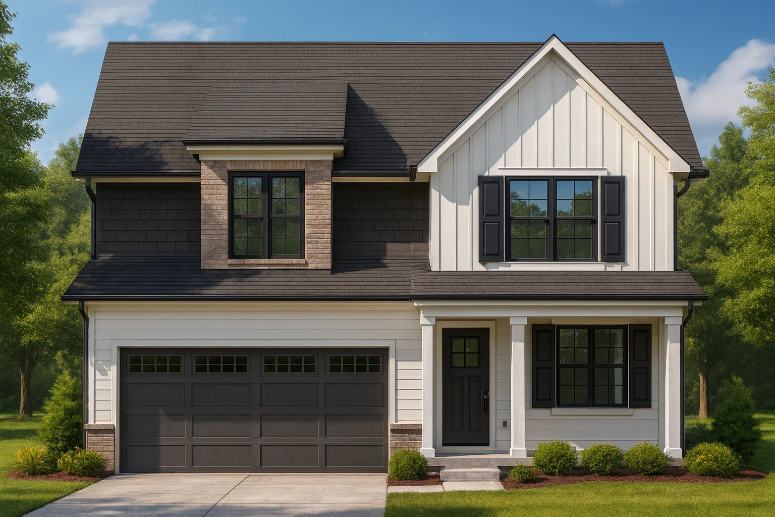 Front elevation of a Modern Farmhouse style home featuring board and batten siding, brick accents, black-framed windows, and a welcoming covered porch
