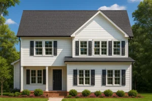 Front elevation of a Traditional Colonial style home with white lap siding, black shutters, and a symmetrical two-story façade