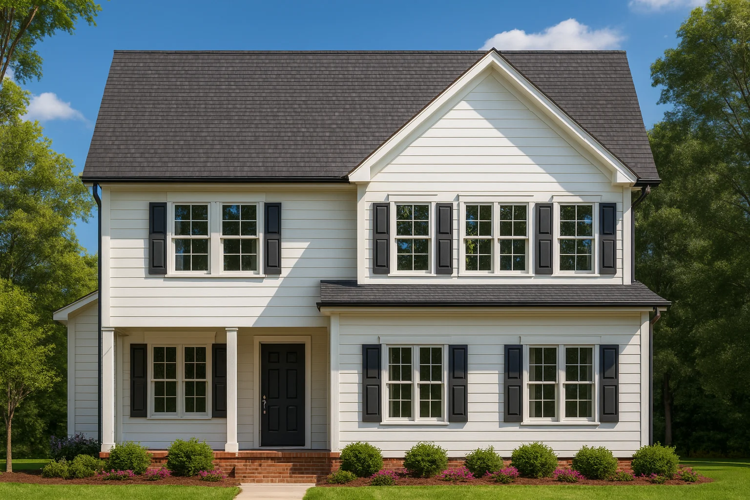 Front elevation of a Traditional Colonial style home with white lap siding, black shutters, and a symmetrical two-story façade