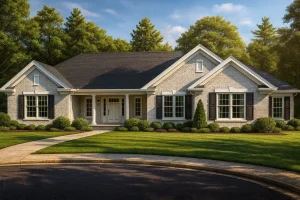 Front view of a Traditional Ranch style home with classic brick exterior, white trim, and black shutters surrounded by manicured landscaping.