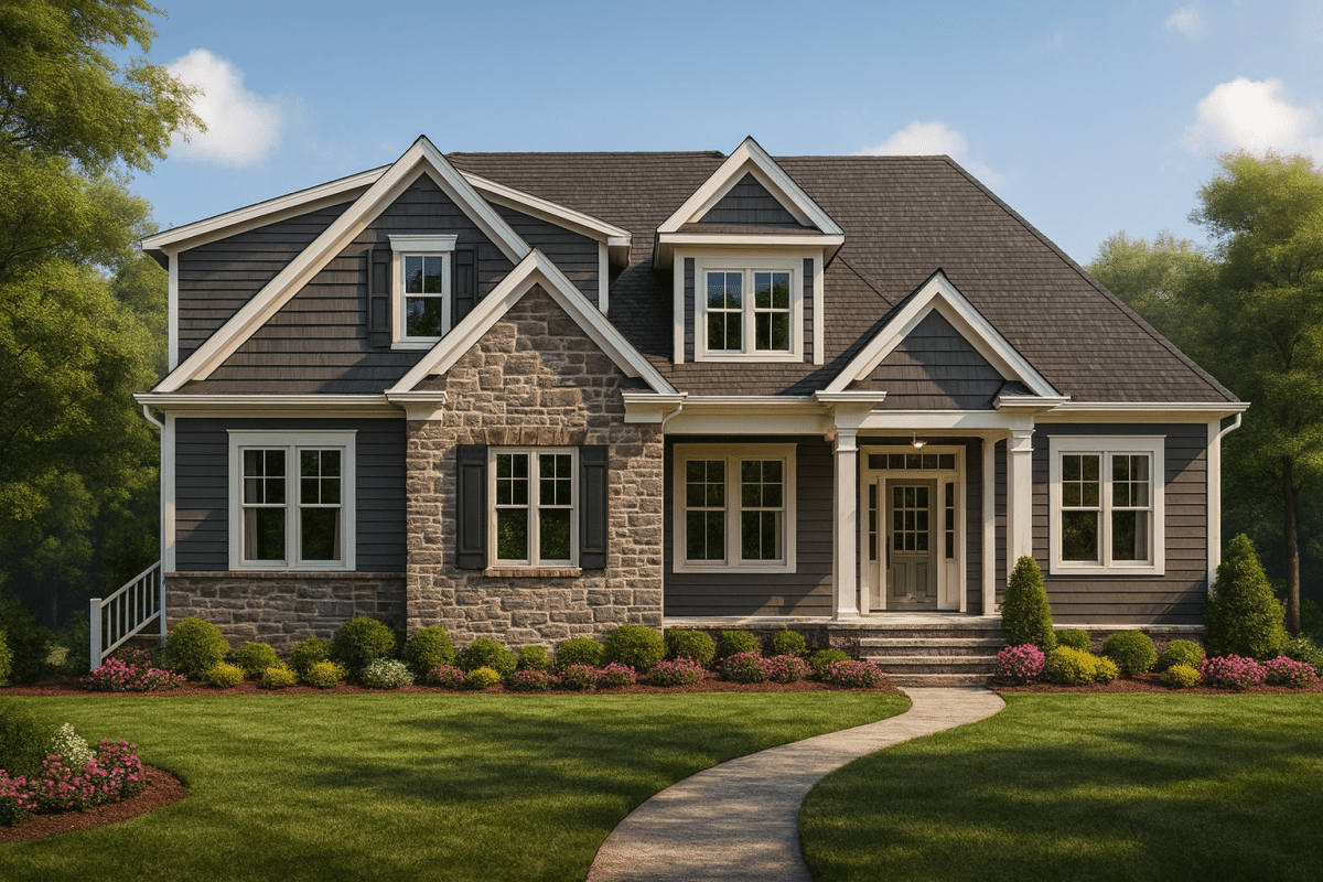 Front elevation of a Traditional Craftsman Farmhouse featuring stone and horizontal lap siding with balanced gables and a welcoming covered porch entry