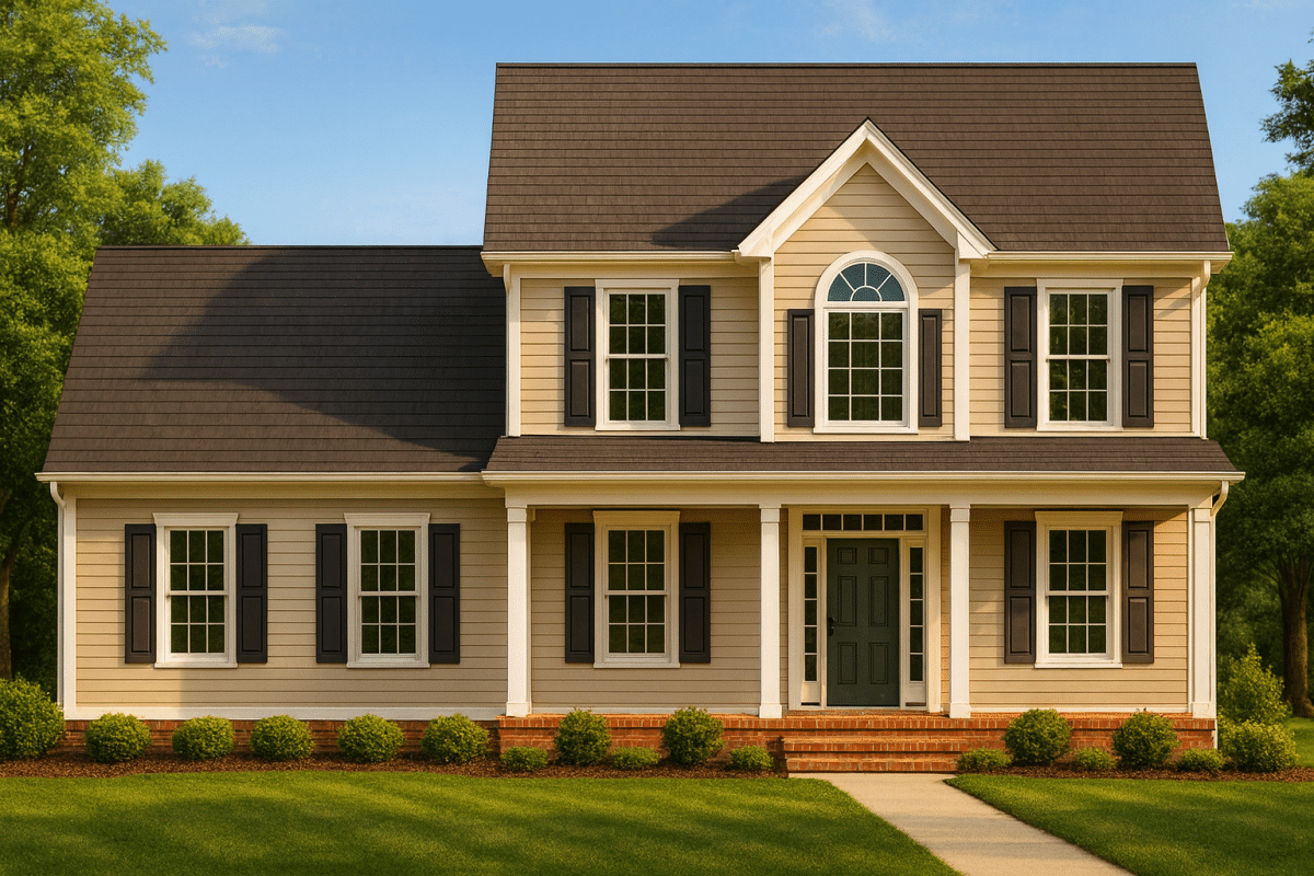 Front elevation of a Traditional Colonial home featuring beige horizontal siding, black shutters, brick foundation, and a symmetrical 2-story design with centered entryway.
