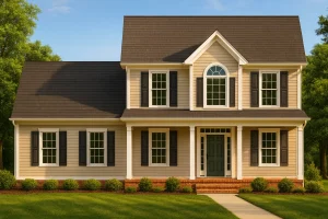 Front elevation of a Traditional Colonial home featuring beige horizontal siding, black shutters, brick foundation, and a symmetrical 2-story design with centered entryway.
