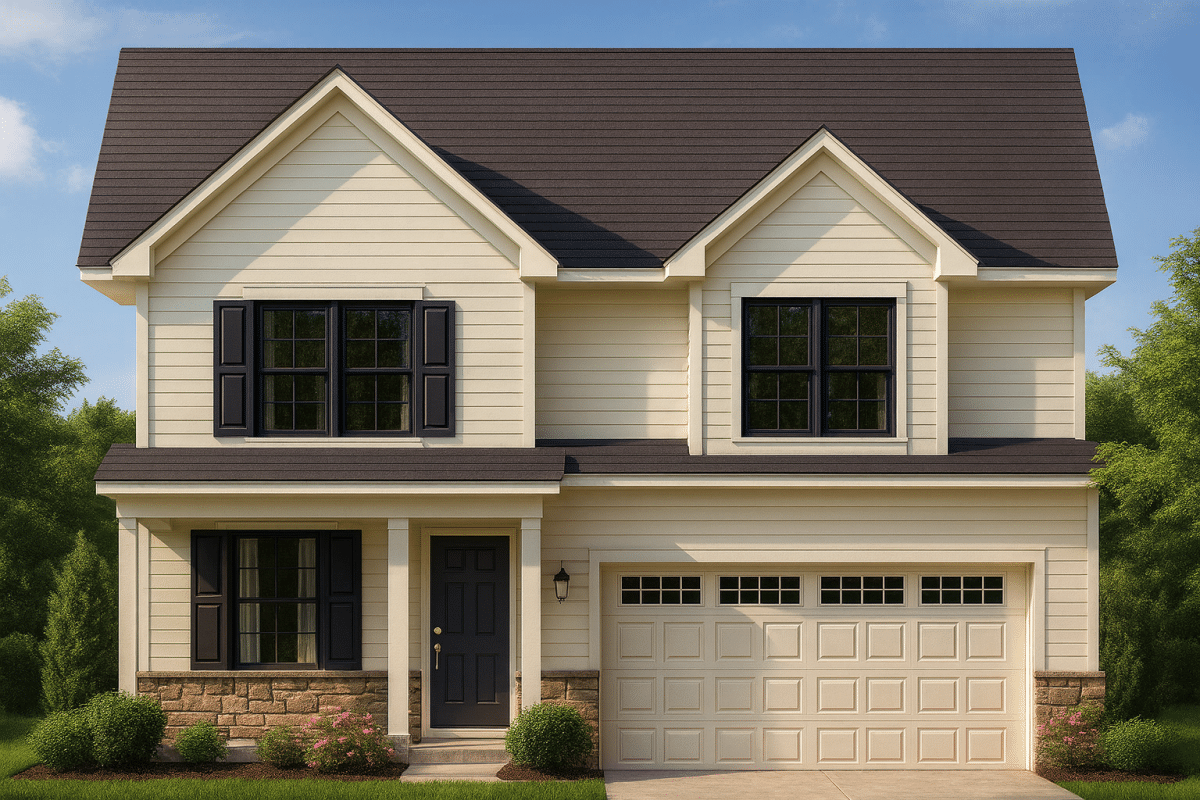 Front elevation of a Traditional Colonial Revival style house featuring horizontal siding, stone accents, black shutters, and a symmetrical two-story façade with an attached two-car garage.