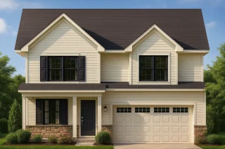 Front elevation of a Traditional Colonial Revival style house featuring horizontal siding, stone accents, black shutters, and a symmetrical two-story façade with an attached two-car garage.