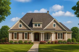 Front view of a Traditional Transitional Ranch home featuring lap and shingle siding, stone foundation accents, wood shutters, and a covered entry with columns.