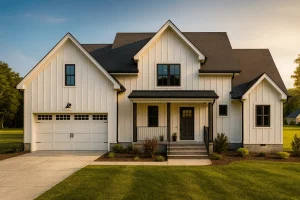 Front view of a Modern Farmhouse featuring board and batten siding, covered porch, and front-entry garage design.
