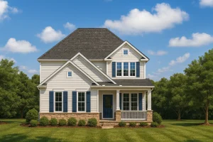 Front view of a Traditional Colonial style two-story home featuring horizontal siding, stone accents, and blue shutters surrounded by a lush green lawn