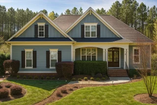 Front elevation of a Traditional Farmhouse with Craftsman details, featuring blue lap siding, white trim, and dark shutters surrounded by manicured landscaping.
