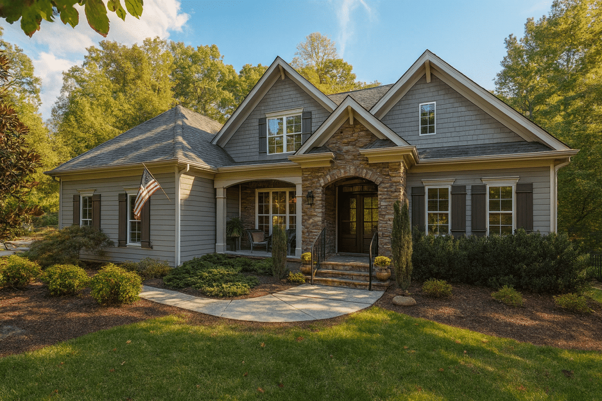 Craftsman Traditional house exterior with stone entry, gable roof, and front porch