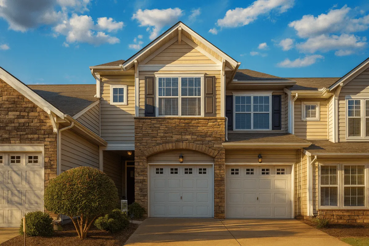 Front view of a Traditional Suburban style townhome featuring stone veneer and horizontal siding with symmetrical Colonial-inspired detailing