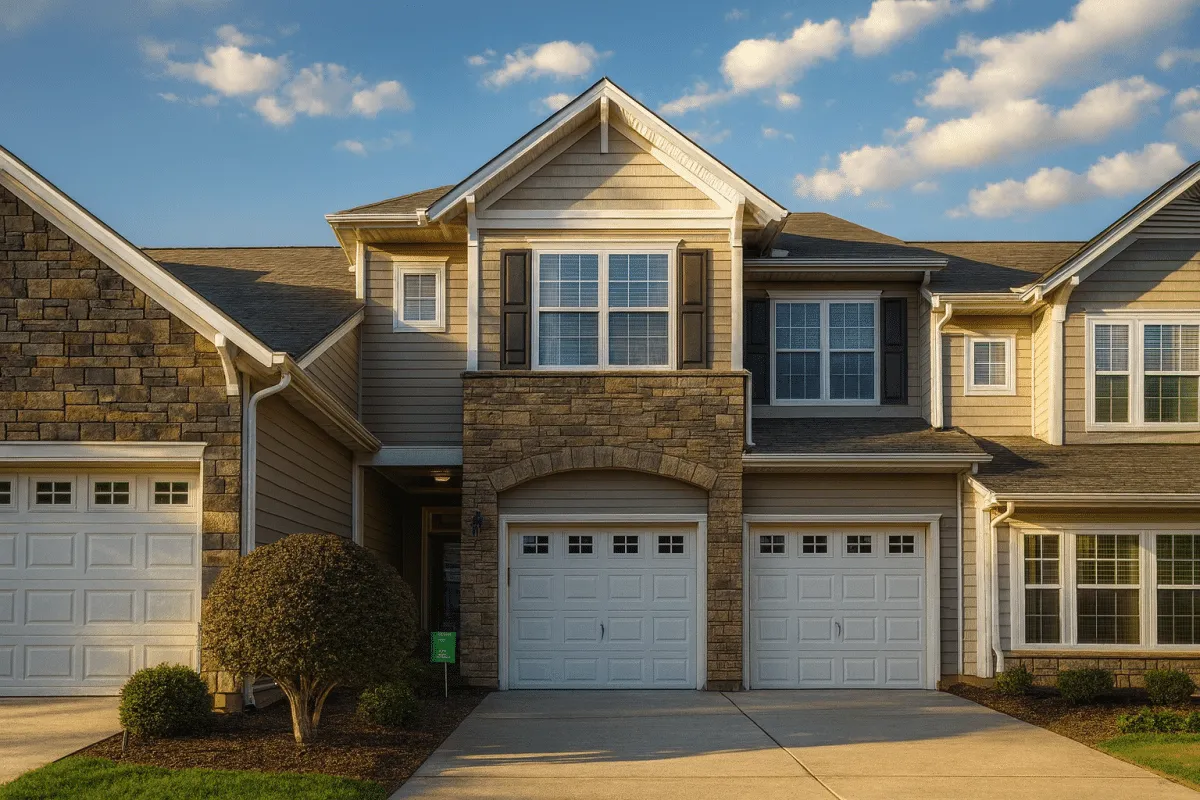 Front elevation of a two-story Traditional Suburban townhome featuring a balanced blend of stone and horizontal siding with double garage and upper gable windows.