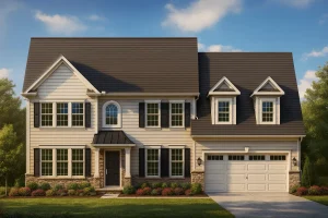 New American House Plans 6 Front view of a Traditional Colonial style home featuring horizontal lap siding, stone foundation detailing, black shutters, and a symmetrical façade with a gable roof and dormer windows.