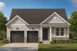 New American House Plans 7 Front view of a Traditional Ranch style home featuring gray horizontal lap siding, stone accents, and a two-car garage under a symmetrical gable roofline