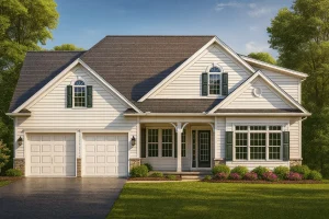 Front elevation of a Traditional Colonial style home featuring horizontal siding, stone accents, double gables, and a covered entry porch with symmetrical windows.
