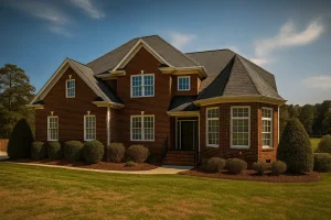 Front elevation of a Traditional Colonial style home featuring a full brick exterior, symmetrical façade, and gabled rooflines under a clear blue sky