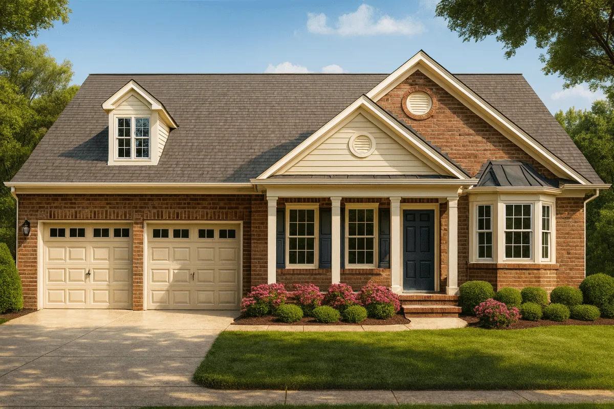 Front view of a Traditional Colonial style home with red brick and horizontal siding, featuring symmetrical windows and a welcoming covered entryway.