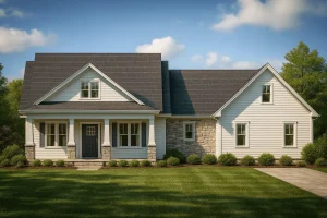 Front view of a Modern Farmhouse Ranch style home featuring horizontal siding, stone accents, and a welcoming covered porch with gable rooflines.