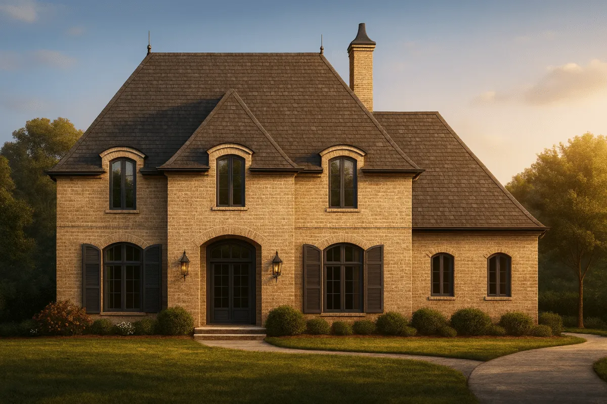 Front view of a French Provincial style home with a brick exterior, steep hip roof, and symmetrical façade featuring arched windows and classic detailing.