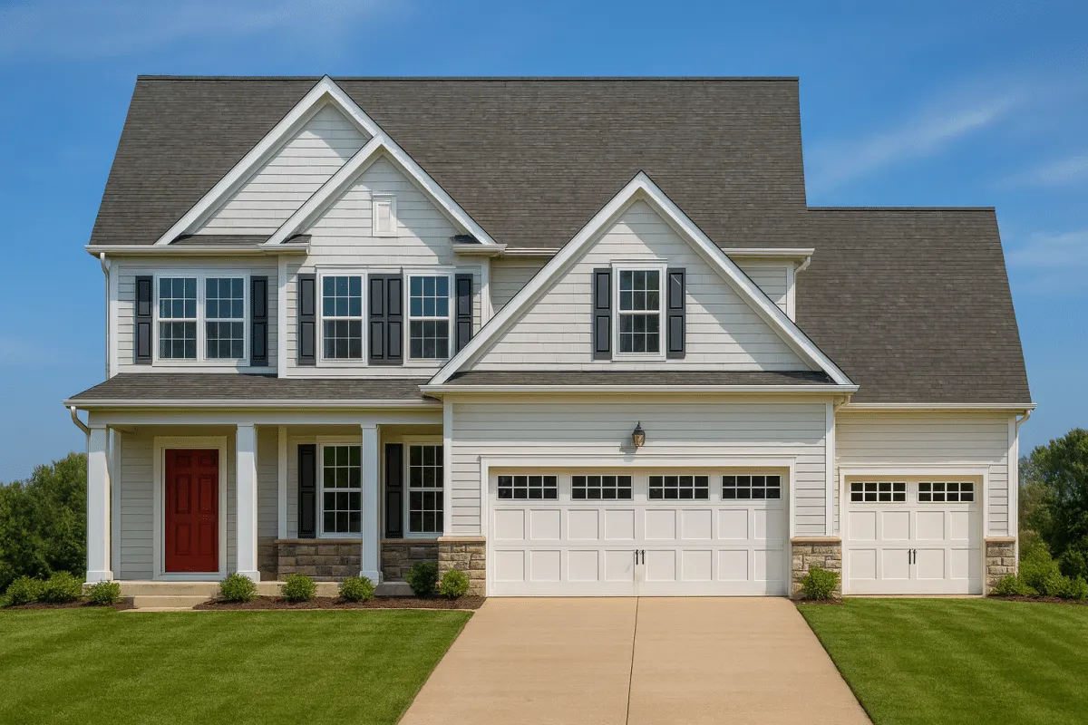 Front elevation of a Traditional Colonial style home featuring horizontal lap siding, stone wainscoting, and a welcoming covered entry with symmetrical windows and dormers.