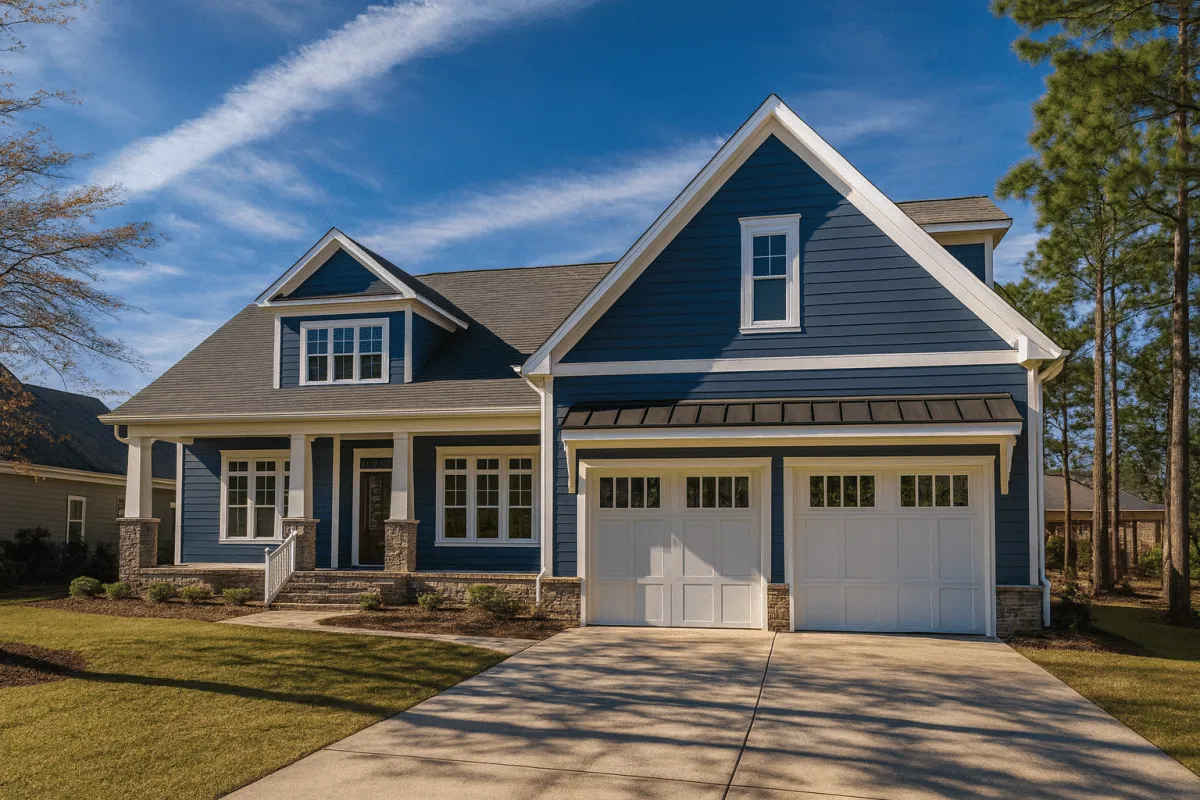 Front view of a Craftsman Modern Farmhouse featuring blue horizontal siding, stone base, white trim, and double garage under a clear sky
