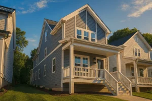 Front angle view of a Modern Farmhouse style home featuring horizontal lap siding, gable rooflines, and a welcoming covered porch entry.