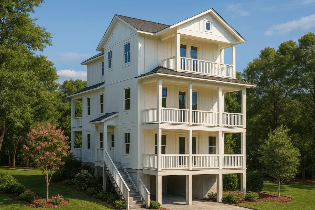 Front view of a three-story Coastal Low Country style home featuring modern farmhouse design and crisp white board and batten siding with wraparound porches.