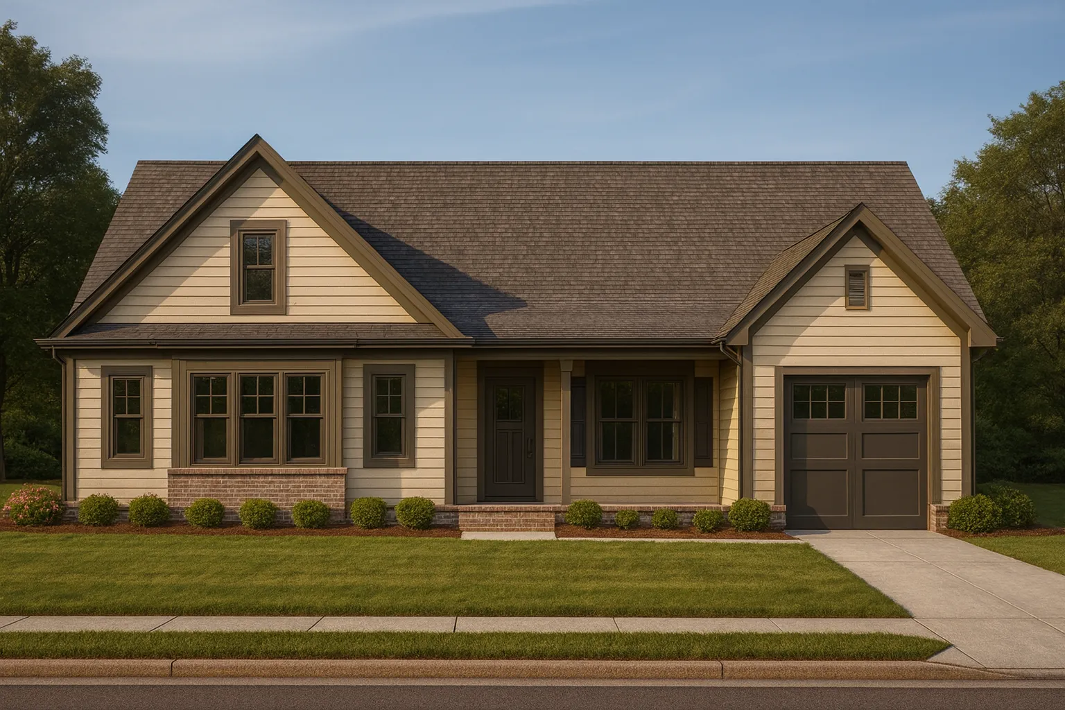 Front view of a Traditional Craftsman Ranch style home featuring lap siding, brick foundation accents, and gable detailing with dark trim contrast