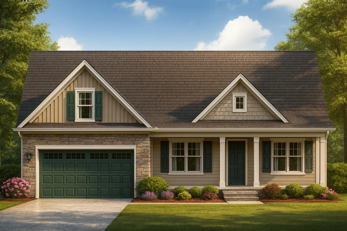 Front view of a Cape Cod Ranch style home with board and batten, horizontal siding, and stone accents featuring a green garage door and covered porch.