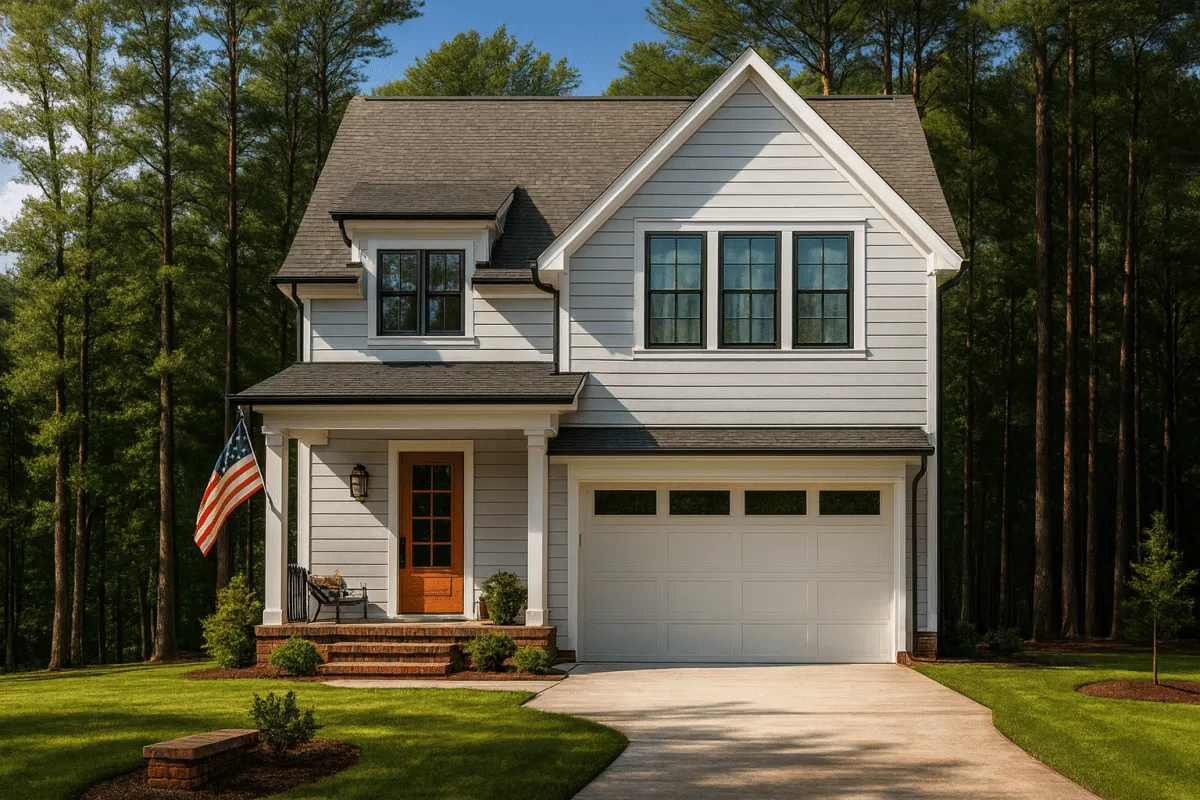 Front elevation of a Modern Farmhouse style home featuring white horizontal lap siding, black windows, a two-car garage, and a covered front porch with natural wood door