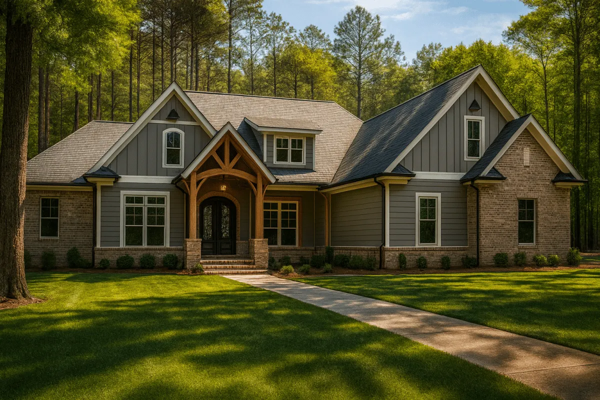 Front view of a Craftsman Farmhouse featuring a brick and board-and-batten exterior with timber accents and gabled rooflines