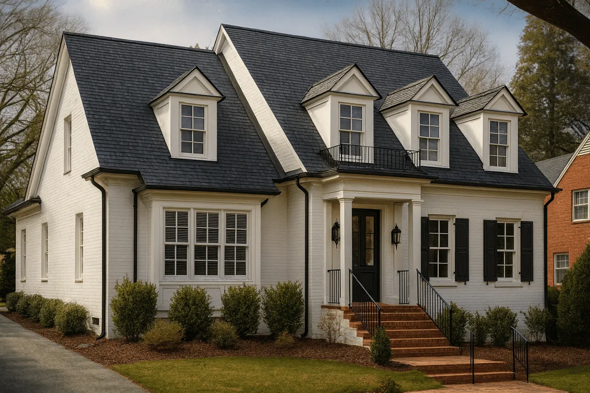 Front view of a Colonial Revival Cape Cod style home featuring painted brick exterior, symmetrical dormers, and black shutters for timeless curb appeal