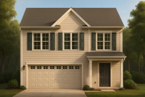 Front elevation of a Traditional Colonial style two-story home featuring beige horizontal siding, dark shutters, and a front-entry garage.