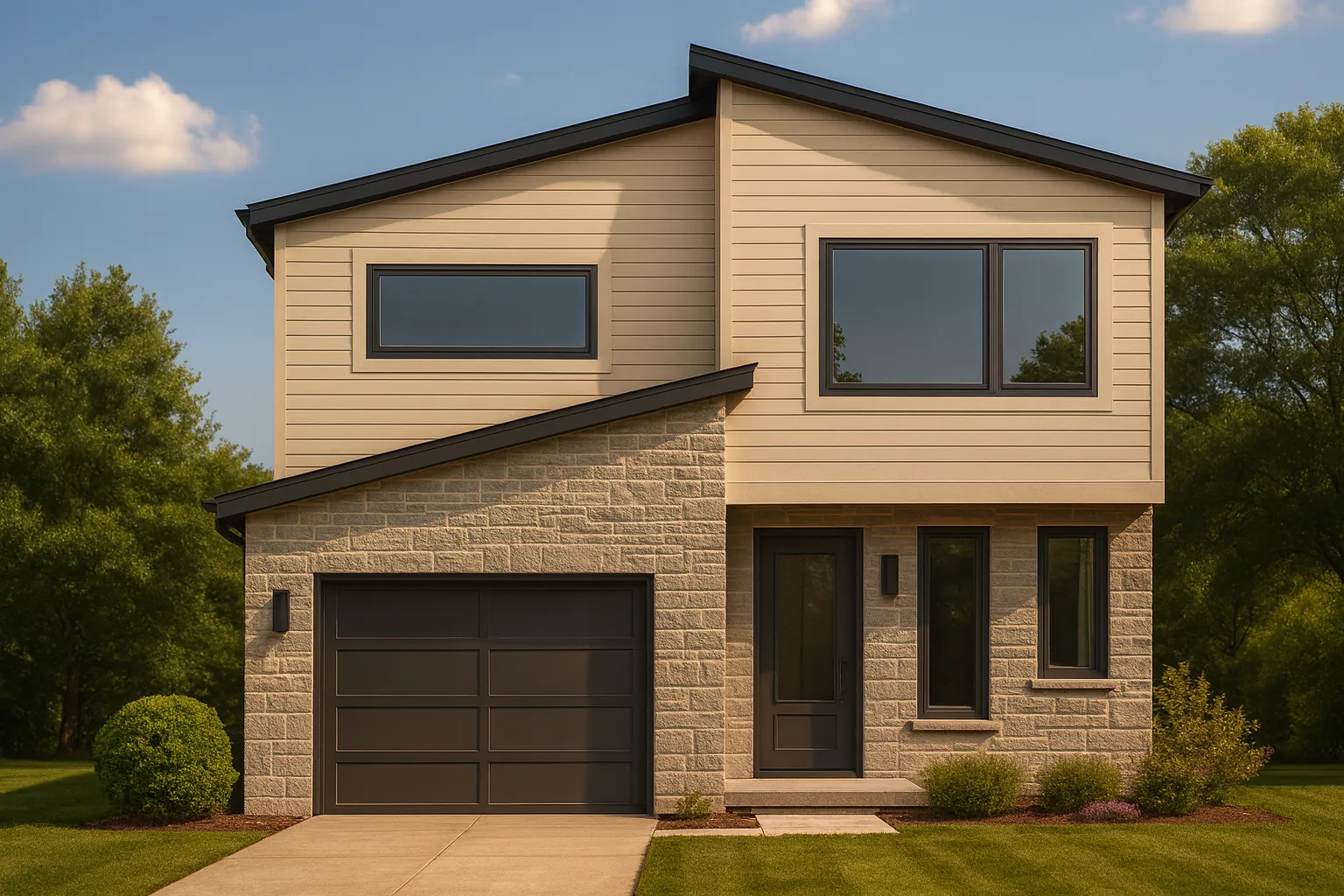 Front elevation of a modern contemporary two-story home featuring stone and horizontal siding, asymmetrical rooflines, and large windows for natural light