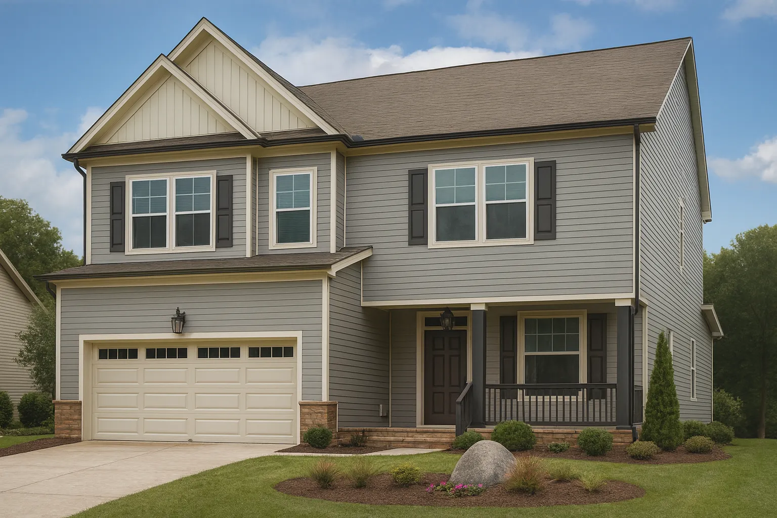 Front view of a Traditional New American style home featuring horizontal siding, board and batten accents, and a stone base with a two-car garage and covered porch entry.