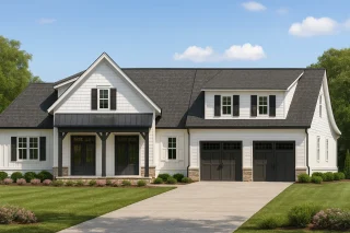 Front view of a Modern Farmhouse and Craftsman style house featuring board and batten siding, stone accents, black trim, and a welcoming covered porch