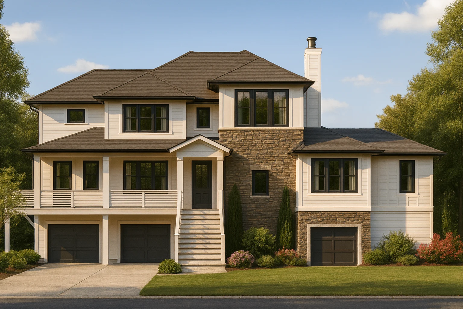 Front elevation of a Transitional Modern Farmhouse featuring stone accents, horizontal siding, board and batten details, and a three-car garage with elevated entry steps