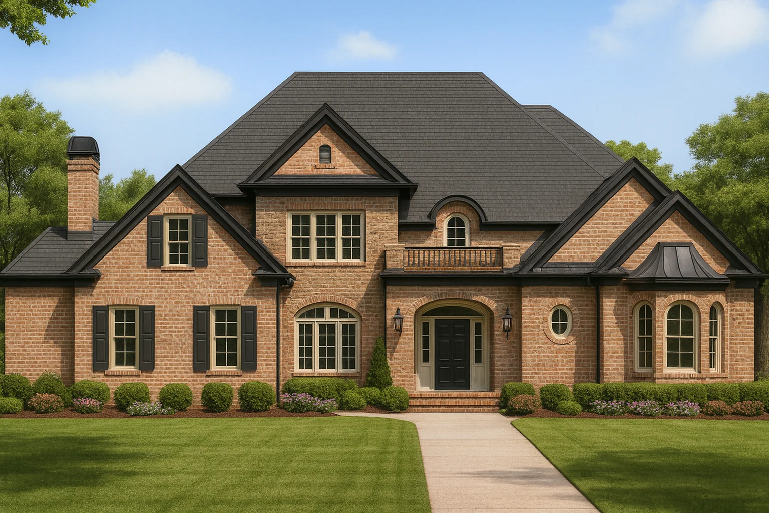 Front elevation of a French Country Traditional style home featuring a full brick exterior, arched windows, black shutters, and steep gabled rooflines