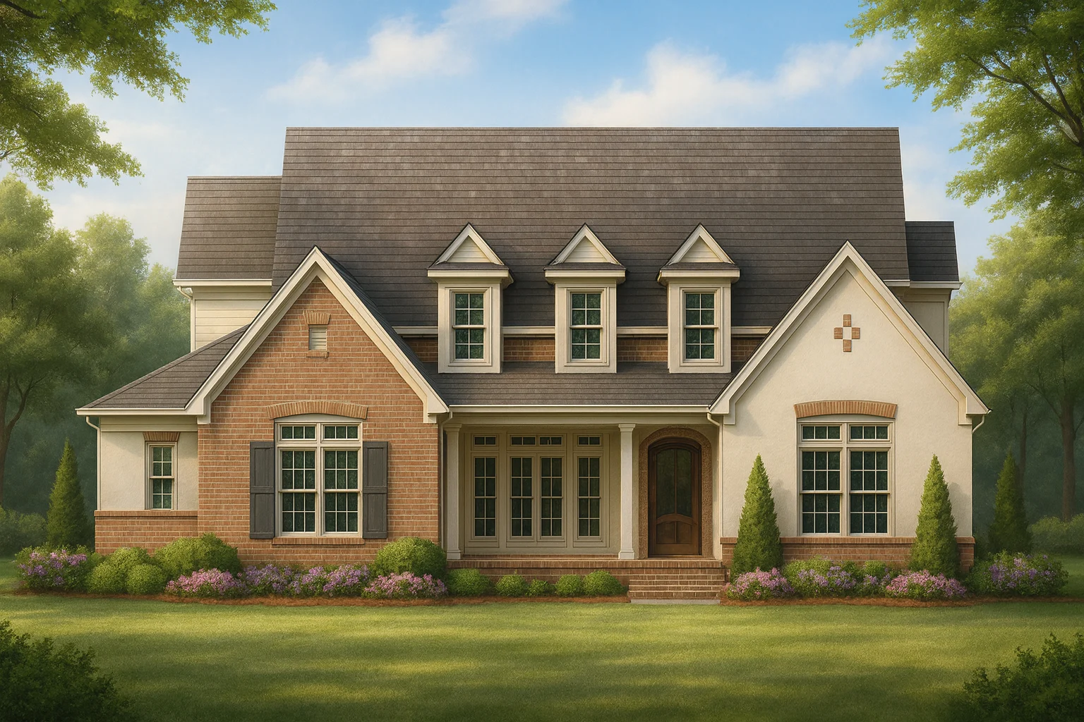 Front view of a Traditional Colonial style home featuring a mix of brick and stucco exterior, dormer windows, and a welcoming covered front porch