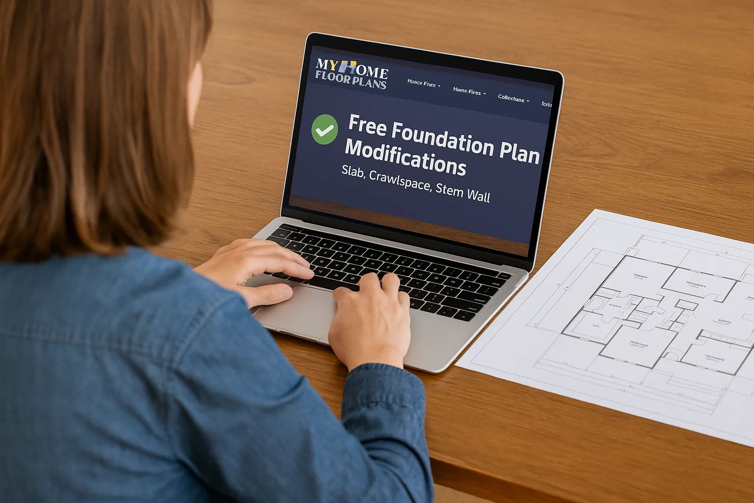 Woman viewing Free Foundation Plan Modifications feature on My Home Floor Plans website A woman browsing MyHomeFloorPlans.com on her laptop at a wooden desk with a printed home floor plan beside her. The laptop screen shows a banner that reads “Free Foundation Plan Modifications” with a green checkmark and smaller text listing “Slab, Crawlspace, Stem Wall”.