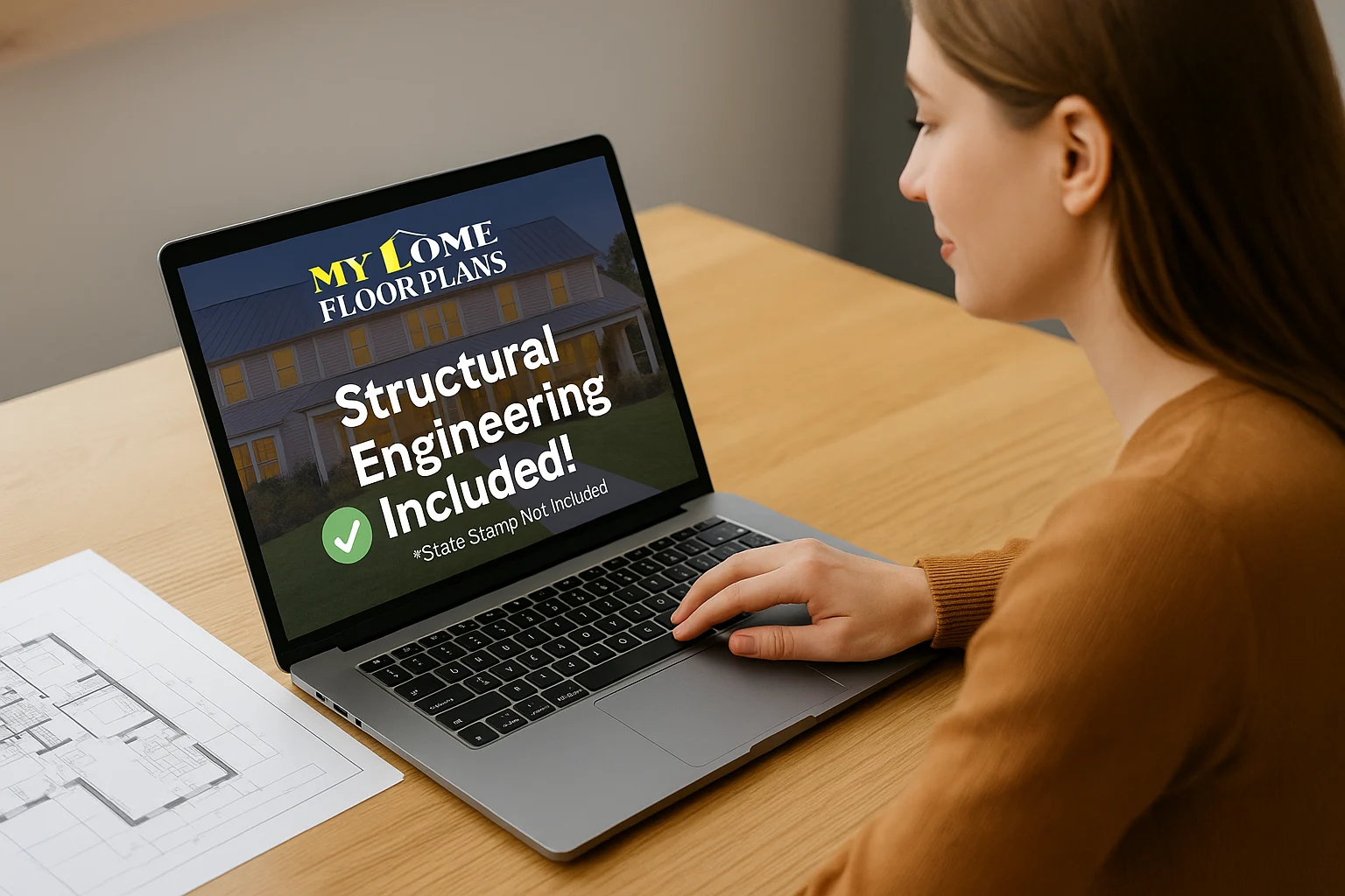 Woman using My Home Floor Plans website showing Structural Engineering Included feature A woman browsing MyHomeFloorPlans.com on her laptop at a wooden desk with a printed floor plan beside her. The laptop screen displays a banner reading “Structural Engineering Included!” with a green checkmark and smaller text below saying “*State Stamp Not Included”.
